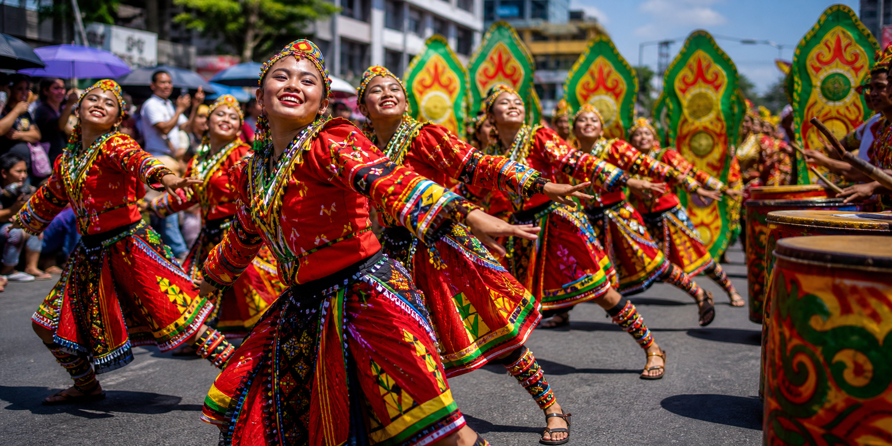 Diyandi street dancers in vibrant festival costumes